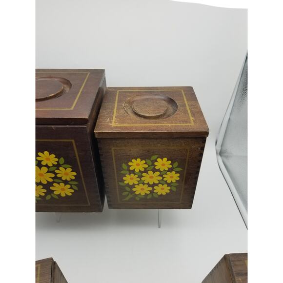 Imperial Hand Carved HardWood Canisters Yellow Flowers Japan Vintage Set nesting - Picture 8 of 16